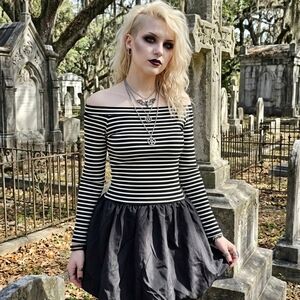 Dolls Kill Black and White Striped Off-Shoulder Dress